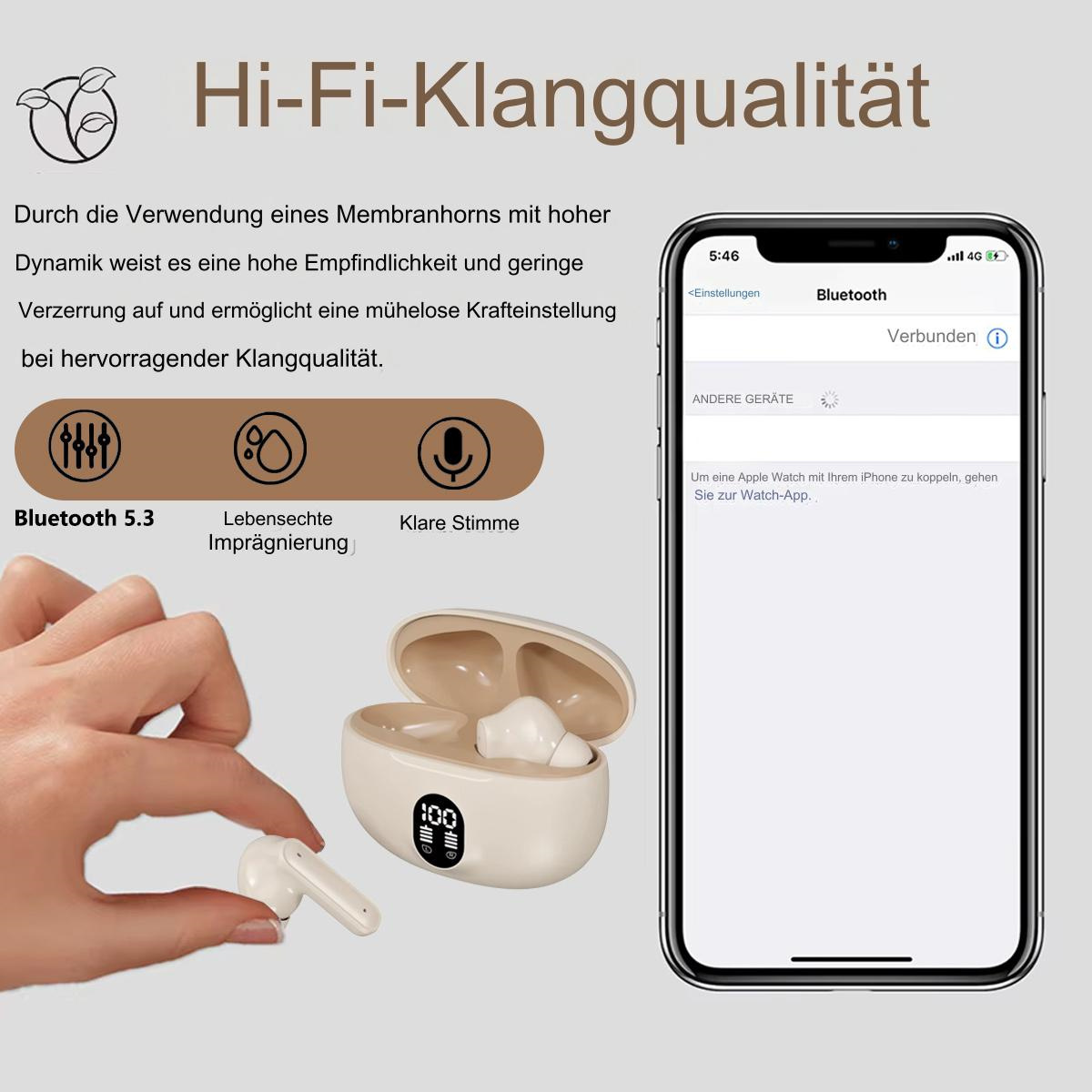 Kopfhörer und Ladecase, mit Telefon, das Bluetooth-Einstellungen und Verbindung anzeigt.