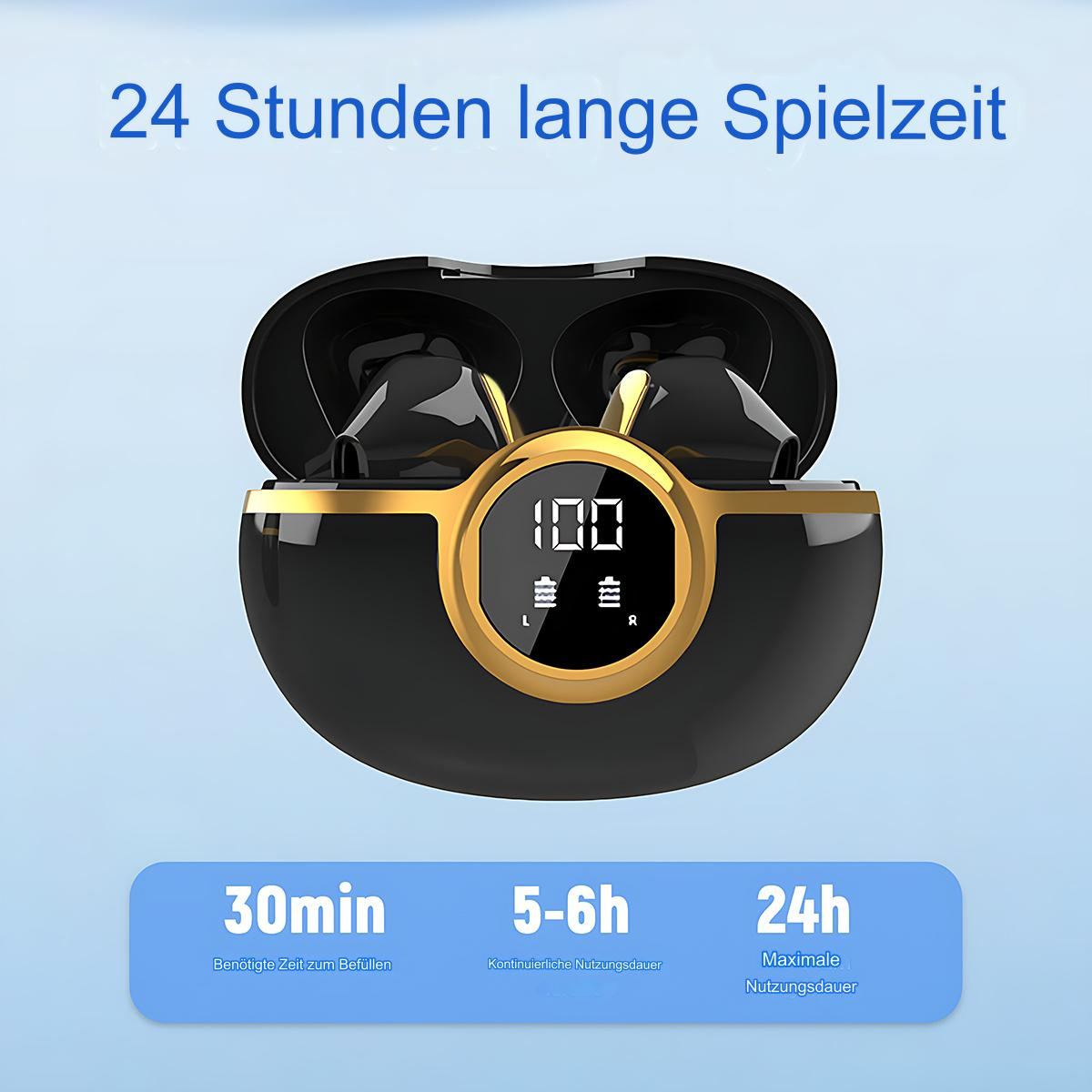 Schwarze Ohrhörer in einem Ladecase. Text sagt '24 Stunden lange Spielzeit', '30min', '5-6h', '24h'.
