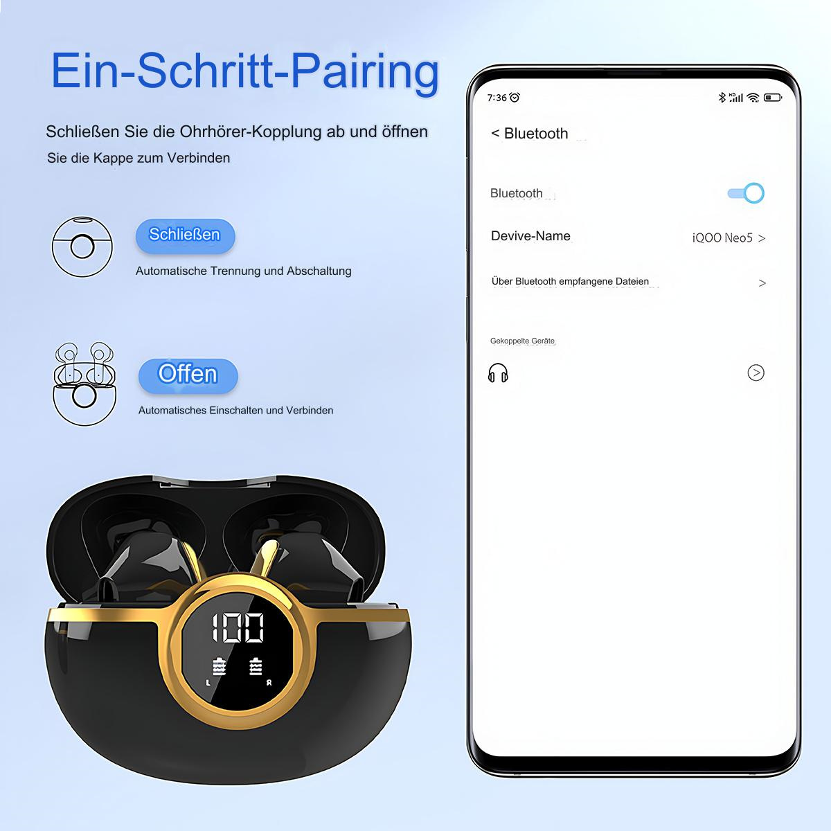 Ohrhörer in einem Ladecase mit Bildschirm, der 100 anzeigt. Ein Telefon zeigt Bluetooth-Verbindung.