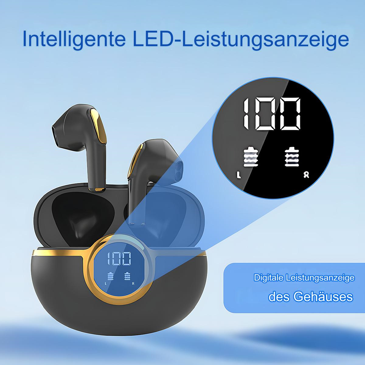Schwarze und goldene kabellose Ohrhörer in einem Ladecase mit LED-Anzeige.