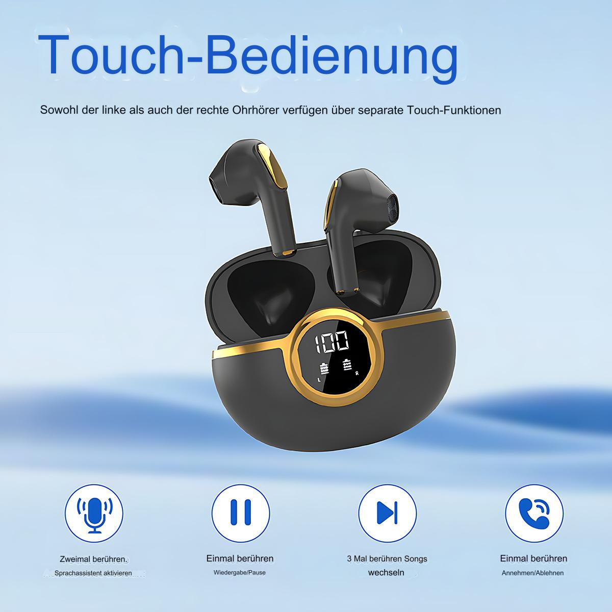 Schwarze und goldene kabellose Ohrhörer mit einem Ladeetui mit Display.