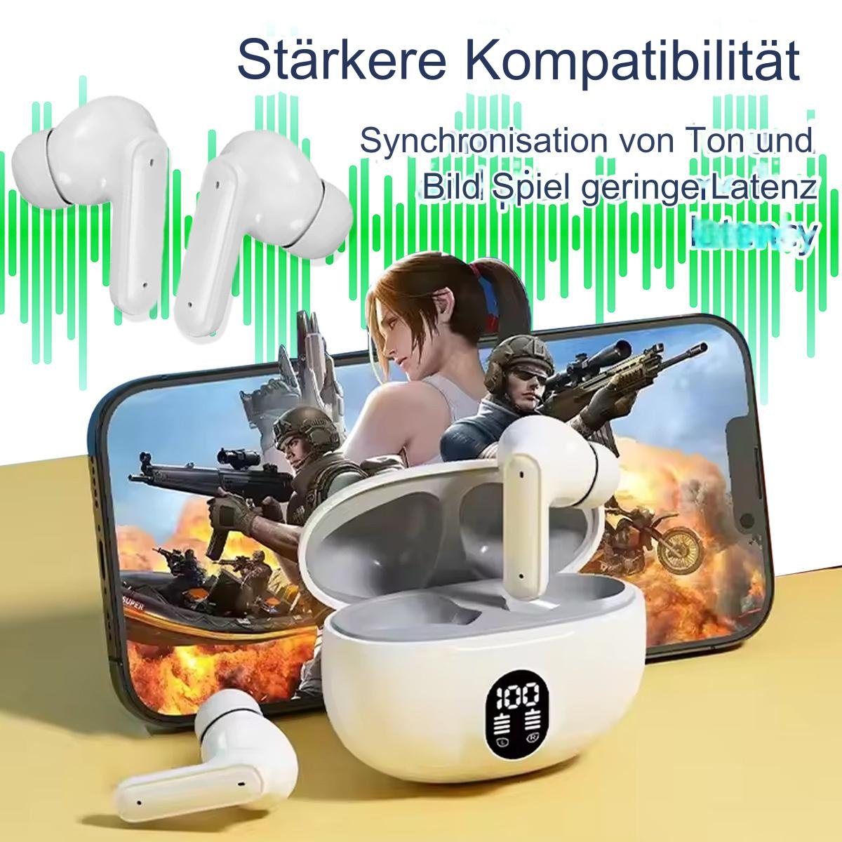 Weiße Ohrhörer mit Ladecase auf einem Smartphone-Bildschirm. Eine Frau spielt ein Spiel.