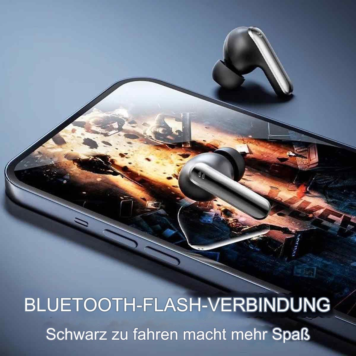 Schwarze kabellose Ohrhörer auf einem Telefon mit blau-grauem Farbverlauf. Die Ohrhörer sind silber.