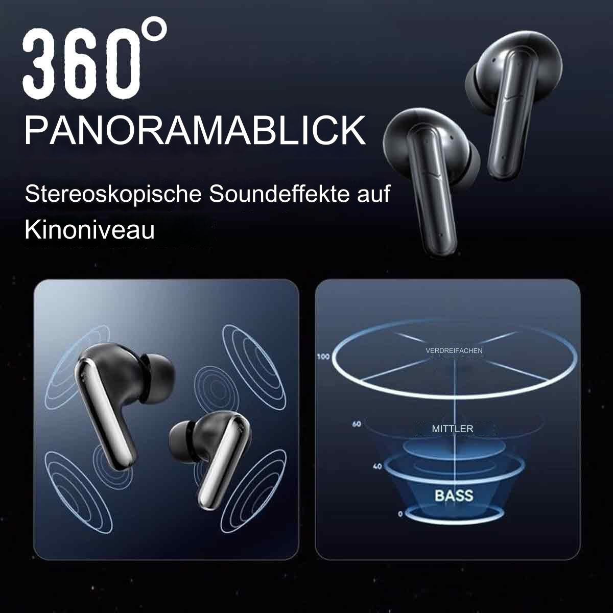 Zwei schwarze kabellose Ohrhörer mit 360-Grad-Panorama und Bass-Soundeffekten.