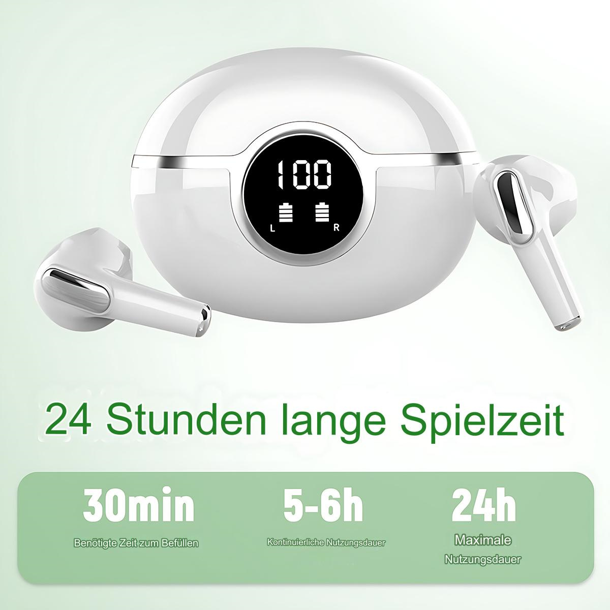 Weißes Kopfhörer-Ladecase mit digitaler Anzeige 100. Kopfhörer sind weiß.