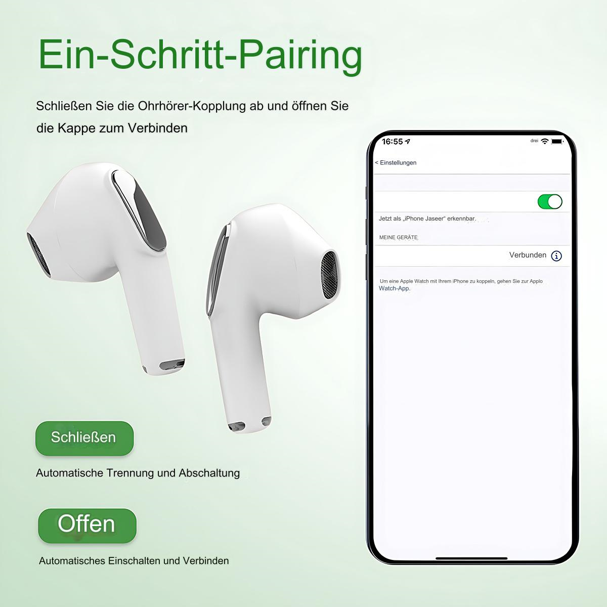 Weiße Ohrhörer mit einem Telefon, das Einstellungen anzeigt, was auf einfaches Pairing hindeutet.