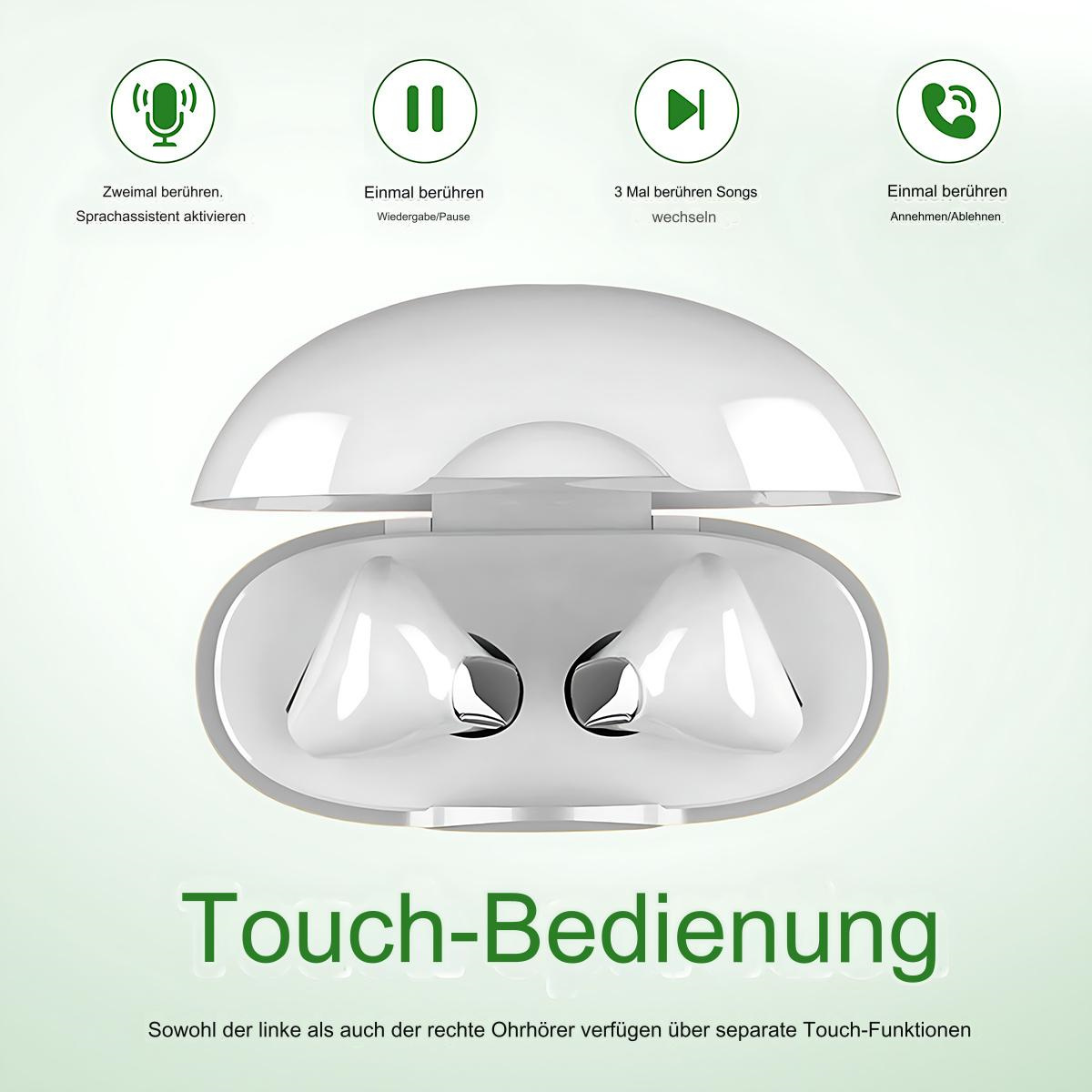 Weiße Ohrhörer in einem Ladeetui mit Touch-Steuerungssymbolen. Text auf Deutsch.