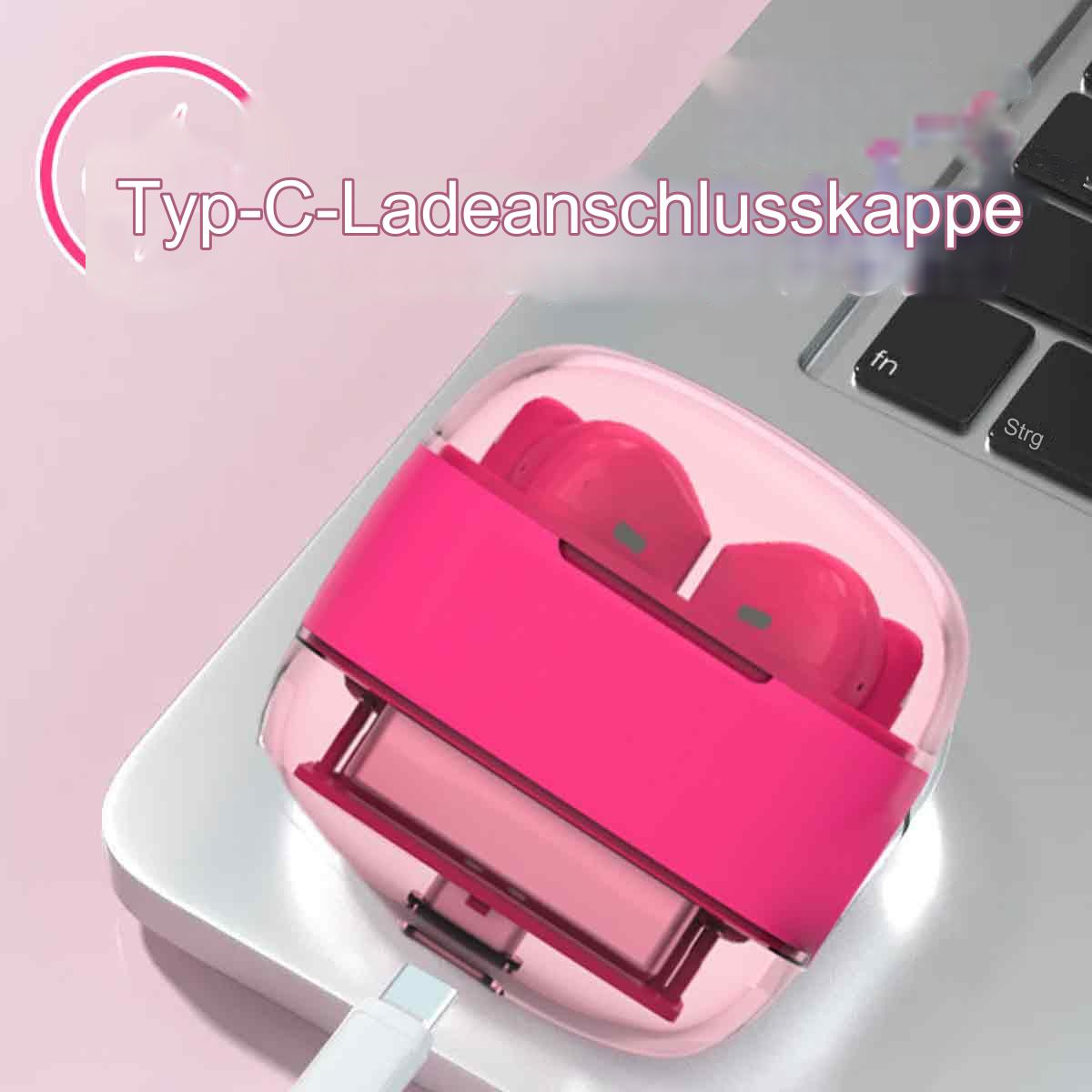 Rosa Ohrhörer in einem Gehäuse auf einem Laptop mit Ladekabel.