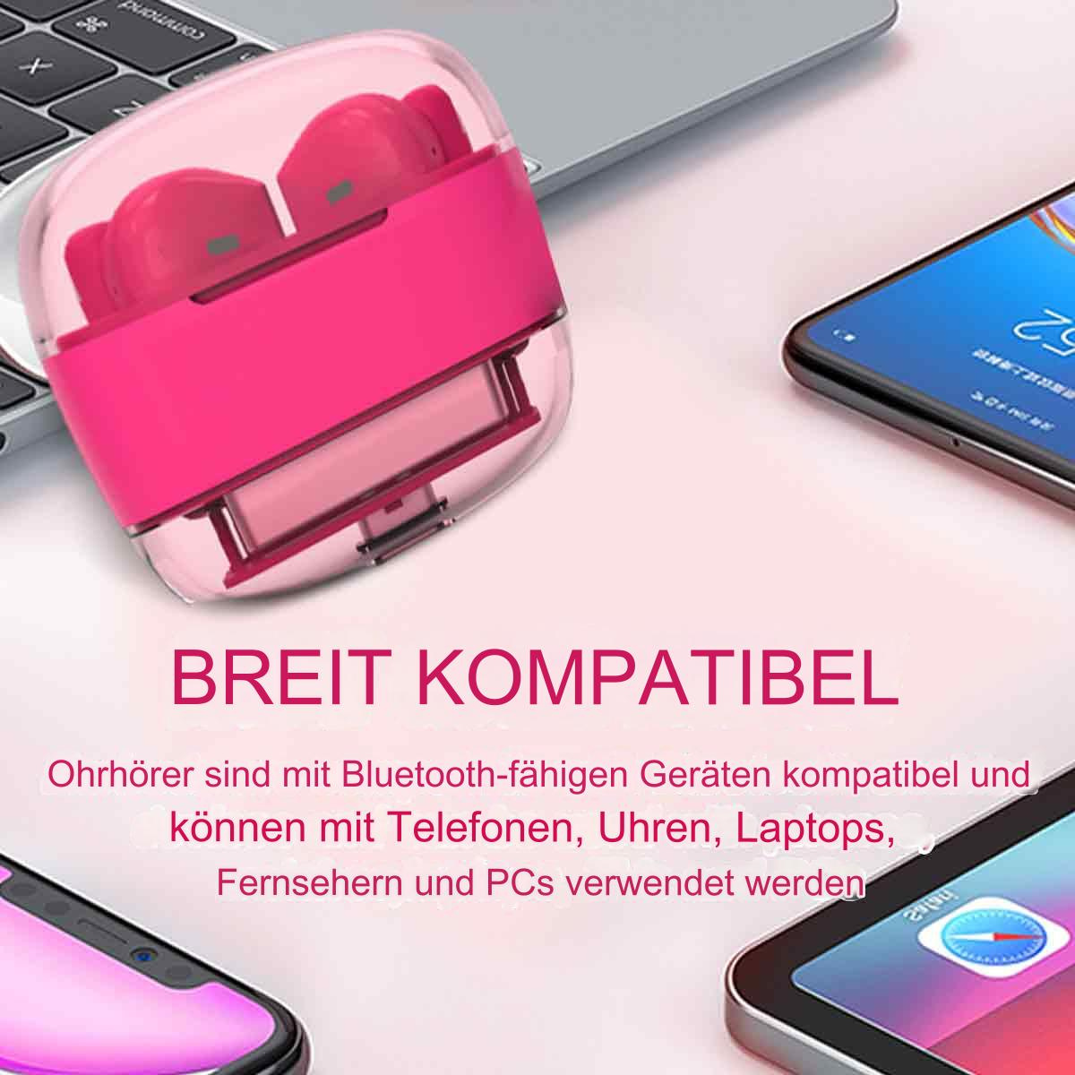 Rosa Ohrhörer in einem rosa Etui mit Laptop und Telefonen im Hintergrund. Text über Kompatibilität.