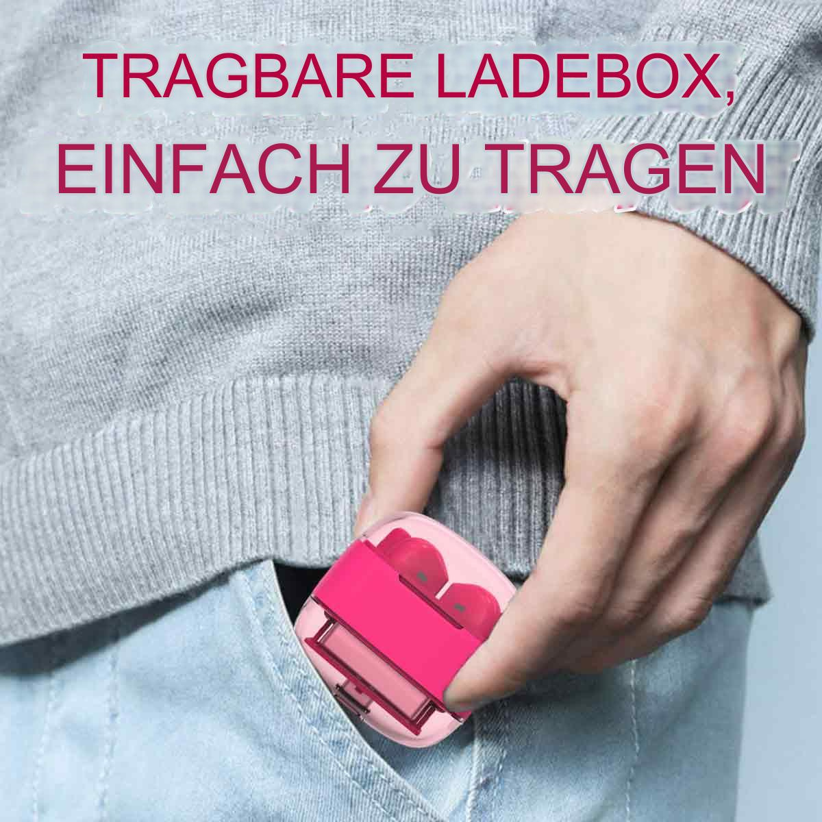 Eine Hand, die eine pinke Ladehülle aus einer Tasche nimmt, mit Text.