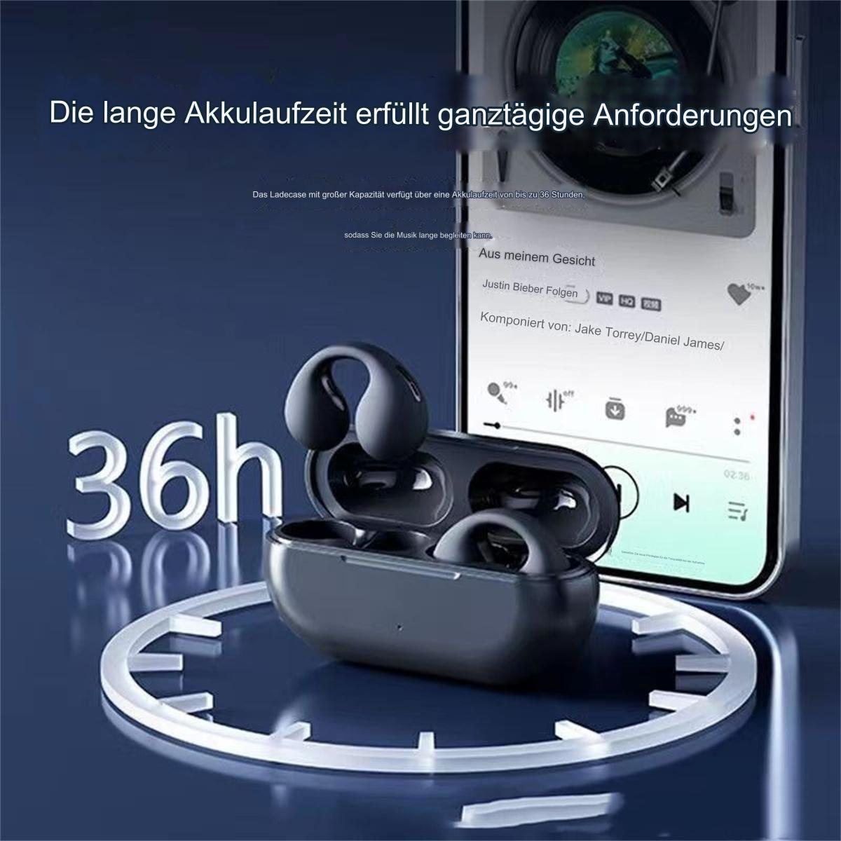 Schwarze kabellose Ohrhörer in einem Ladecase, mit einem Telefon, das Musik anzeigt.