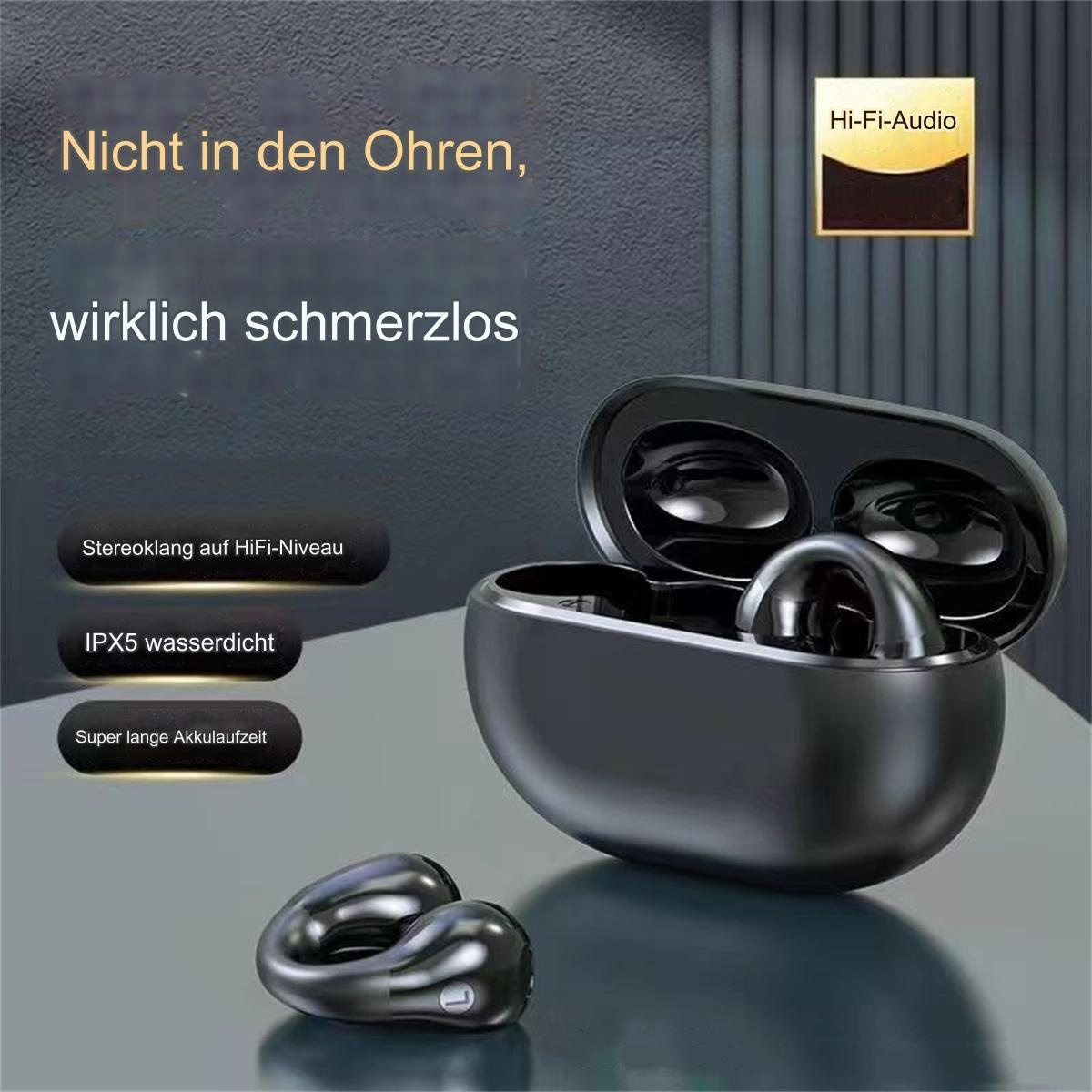 Kabellose Ohrhörer, ihr Ladeetui und Text auf Deutsch. Die Ohrhörer sind schwarz.