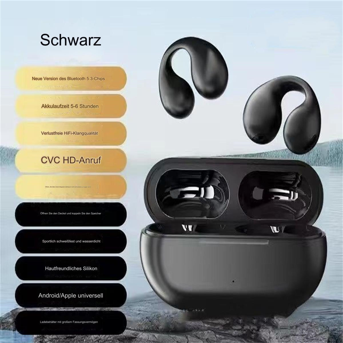 Schwarze kabellose Ohrhörer mit Ladecase und Produktbeschreibung.