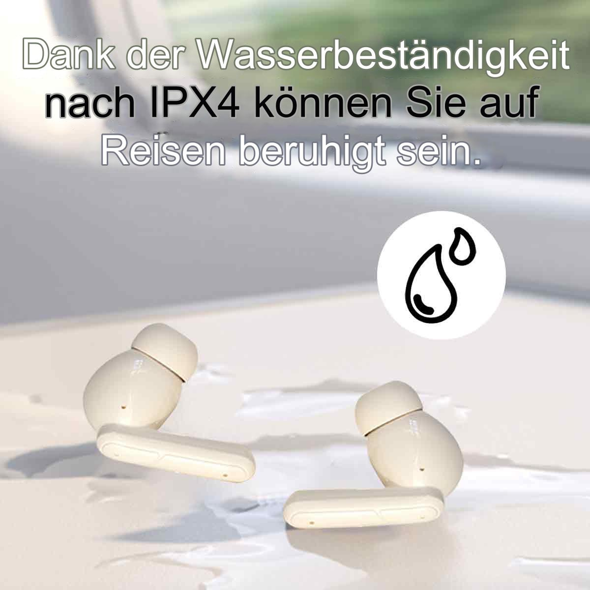 Weiße Ohrhörer mit Ladecase, mit einem Wassertropfen-Symbol, das Wasserbeständigkeit zeigt.