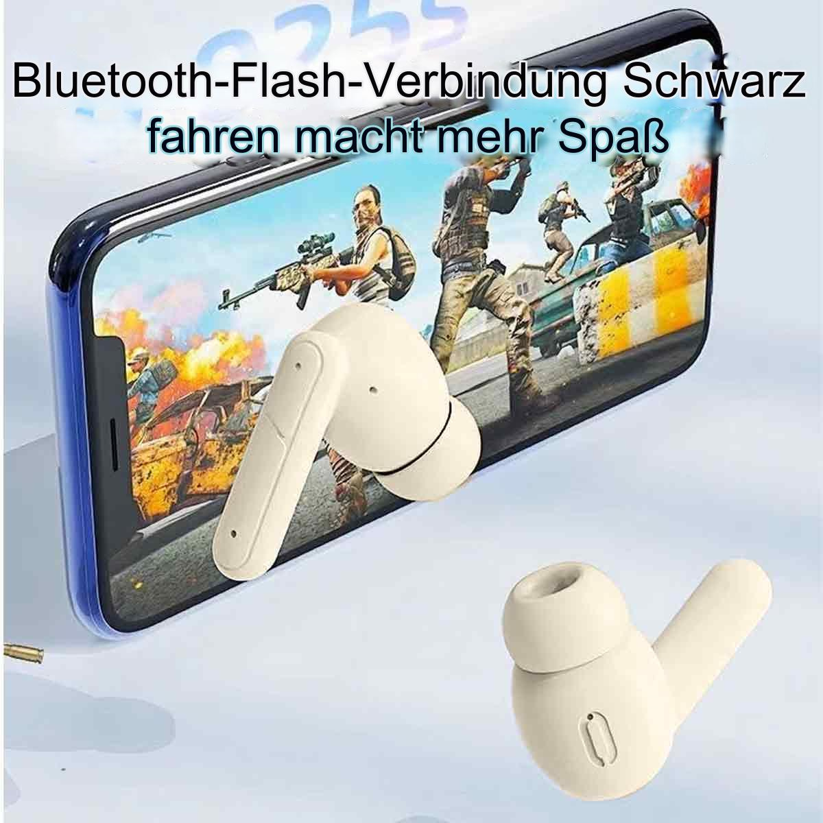 Weiße Ohrhörer vor einem Telefonbildschirm mit Spielszene. Text auf Deutsch.