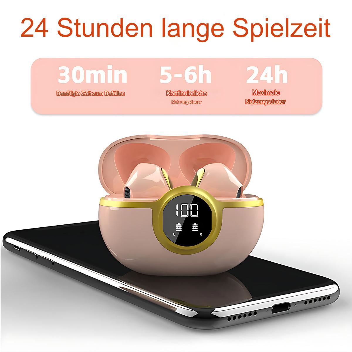Rosa Ohrhörer in einem Ladecase auf einem Telefon, mit Text zur Akkulaufzeit.