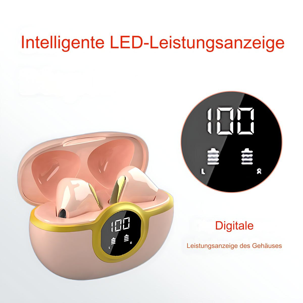 Rosa kabellose Ohrhörer in einem Ladecase. Das Display zeigt den Akkustand als 100% an.