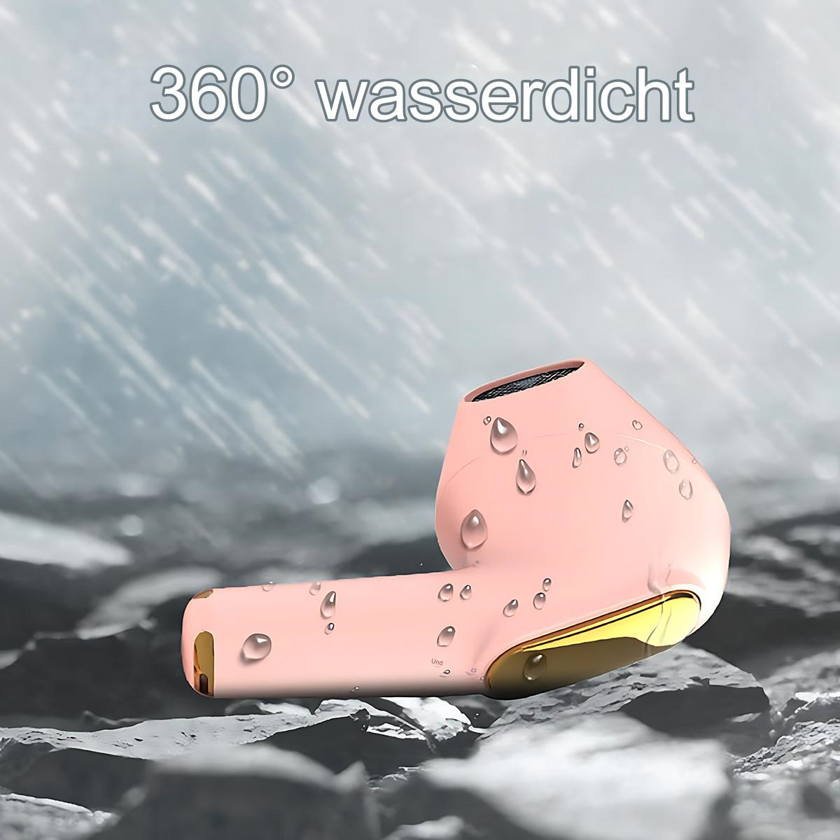 Rosa kabellose Ohrhörer mit goldenen Akzenten, bedeckt mit Wassertropfen, Text '360° wasserdicht'.