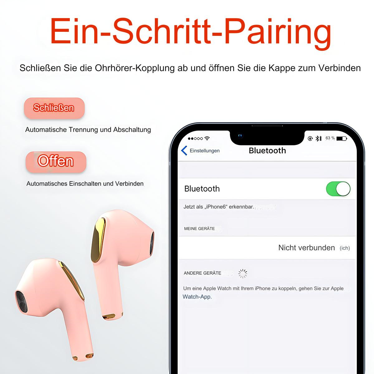 Rosa kabellose Ohrhörer mit einem Smartphone, das einen Bluetooth-Verbindungsbildschirm anzeigt. Das Telefon steht im Fokus.