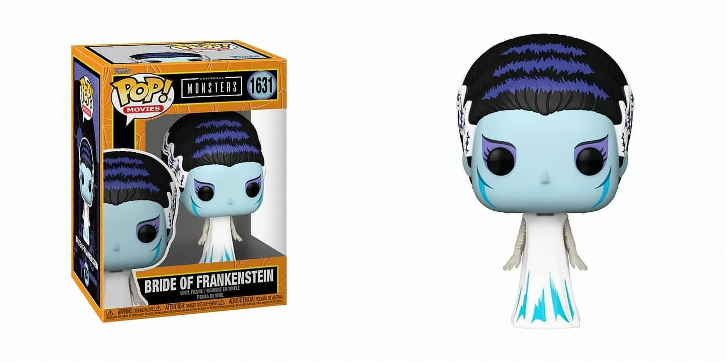 Statuetta Funko Pop della Sposa di Frankenstein dentro e fuori la scatola.
