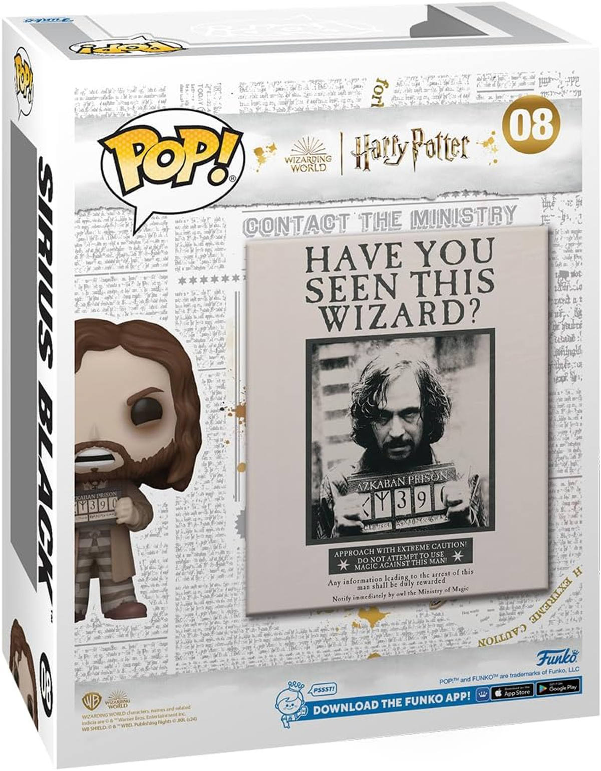 Funko Pop-Box für Sirius Black. Box zeigt Bild des Zauberers, Fahndungsplakat und die Pop-Figur.
