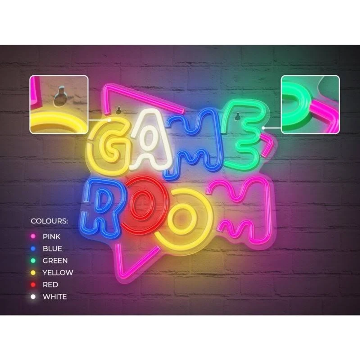 Un letrero de neón que dice 'GAME ROOM' en varios colores, sobre una pared de ladrillos.