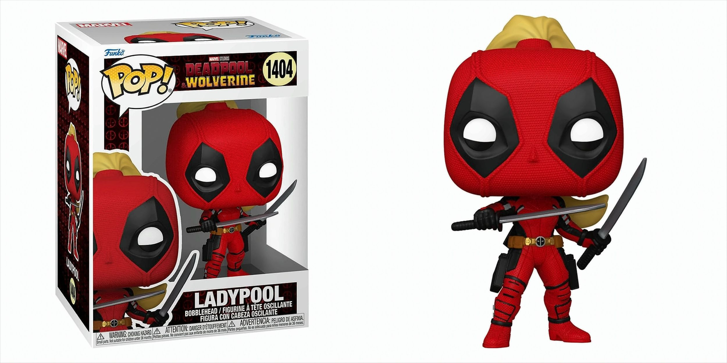 Figura di Lady Deadpool con spade, in una scatola. Una figura rossa con una coda di cavallo gialla, che tiene due spade.