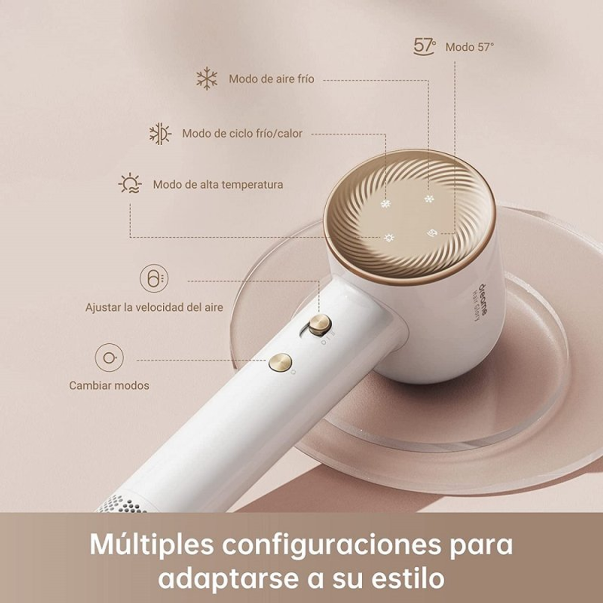 Biała i złota suszarka do włosów. Znajduje się na różowym talerzu z infografikami o jej cechach.