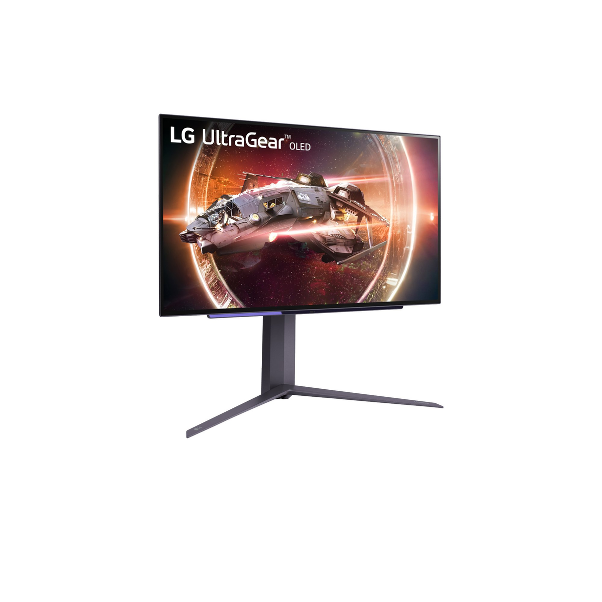 Monitor do gier LG Ultrawide OLED wyświetlający scenę statku kosmicznego. Posiada zakrzywioną podstawę.