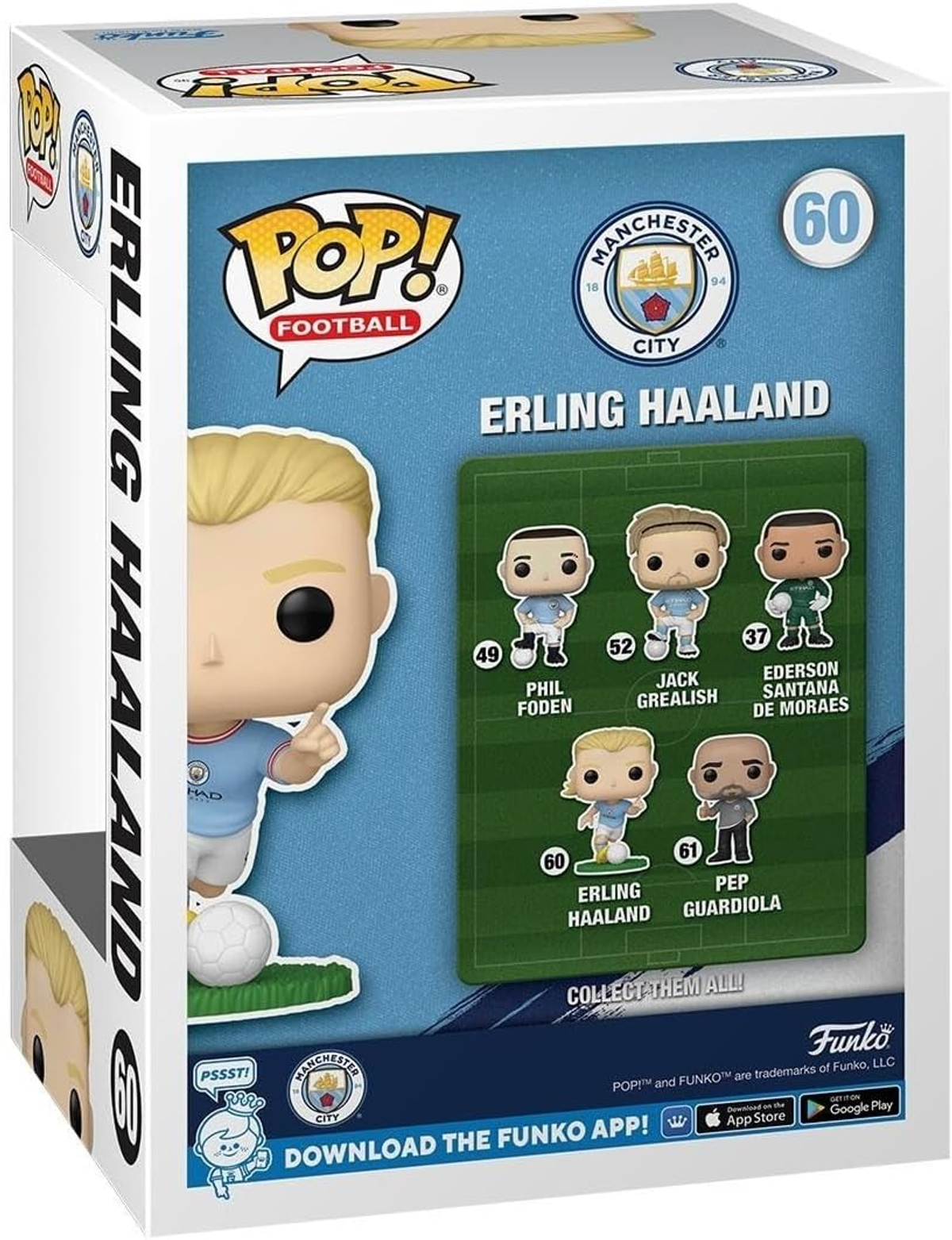 Funko Pop box featuring Erling Haaland and other Manchester City players.