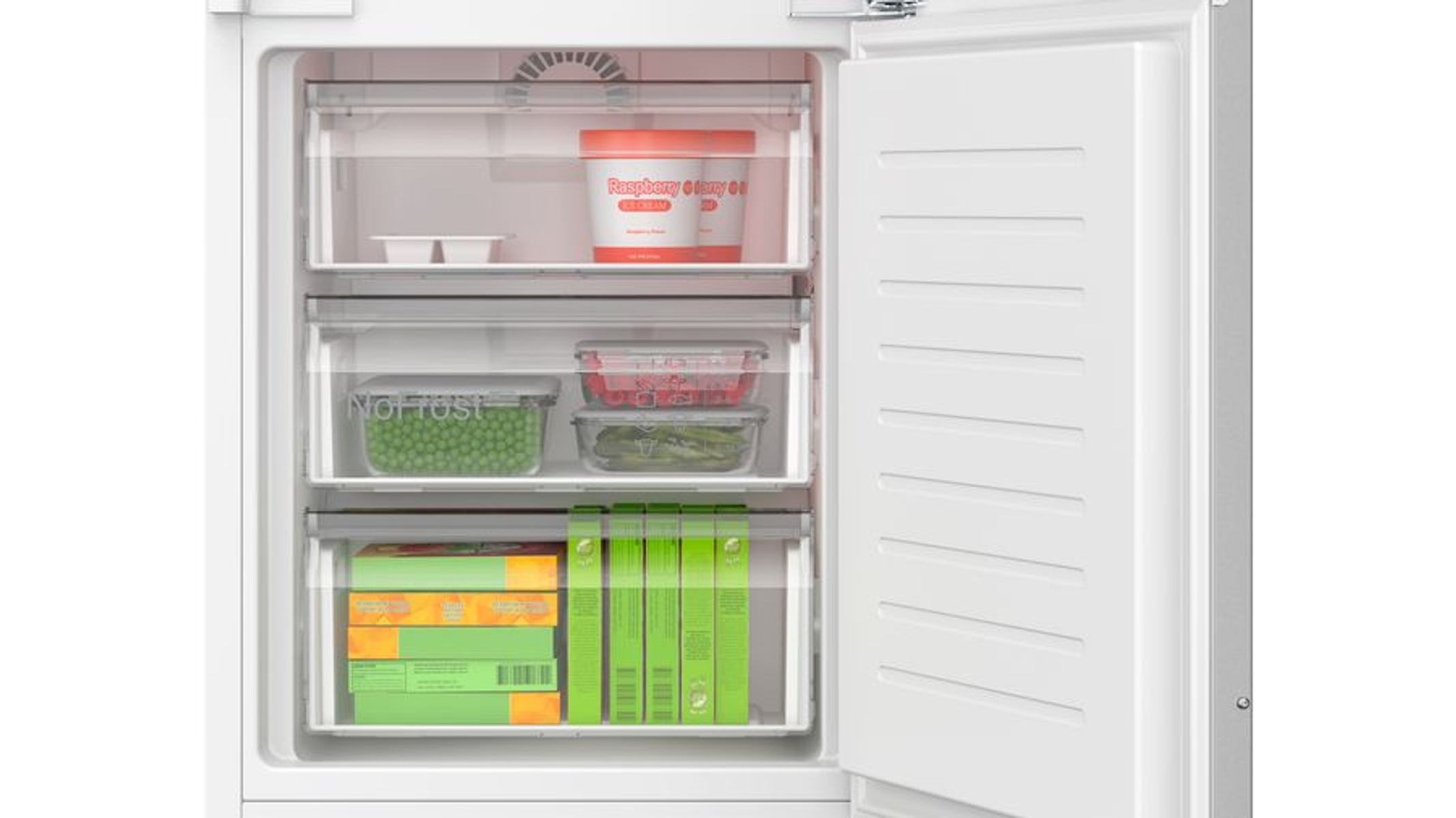 Interior de refrigerador con cajones. Contiene alimentos congelados como guisantes y helado.