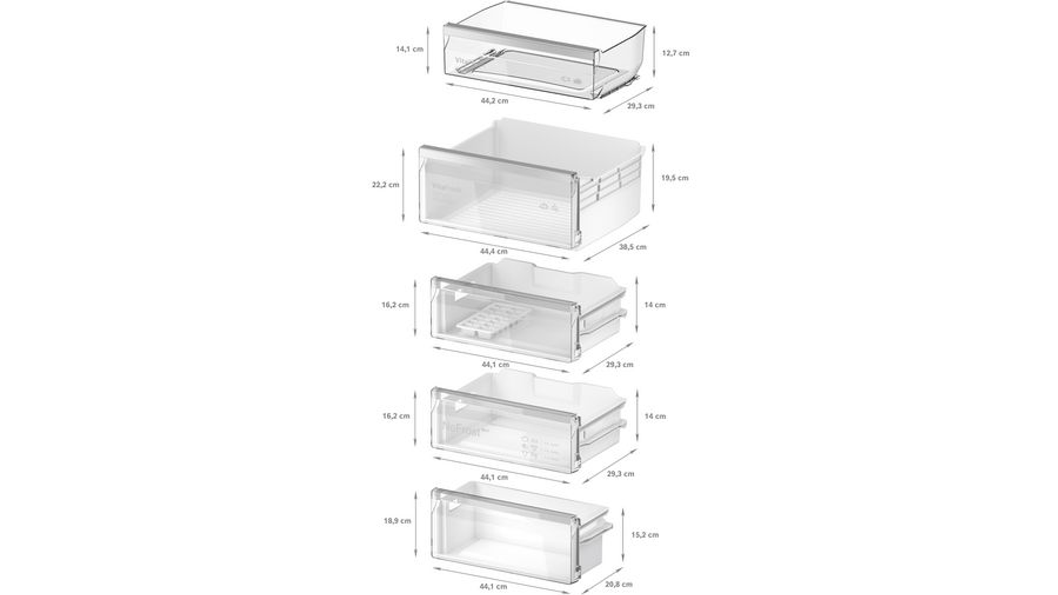 Cinco cajones de refrigerador de plástico transparente de varios tamaños, apilados. Se muestran las dimensiones.