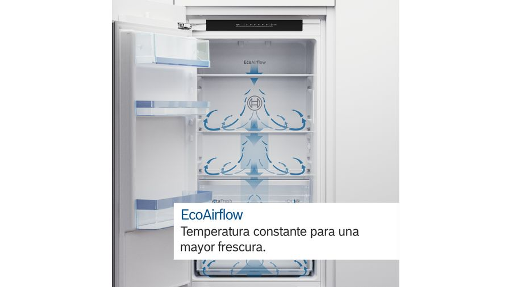 Wnętrze lodówki z półkami, strzałkami przepływu powietrza i tekstem o temperaturze.