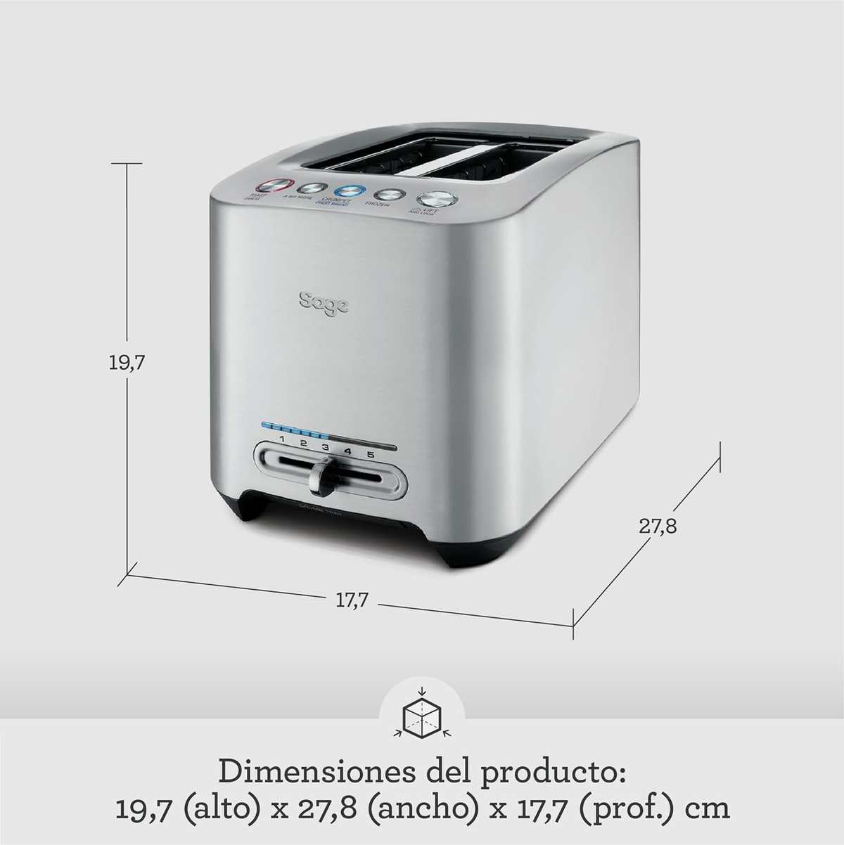 Silberner Toaster mit Abmessungen, Knöpfen und einem Bedienhebel.