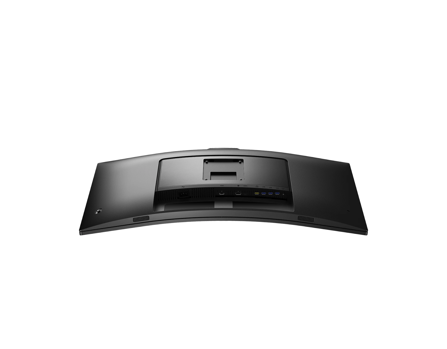 Tył zakrzywionego monitora, czarny, z portami i wspornikiem montażowym. Wyizolowany na czarnym tle.