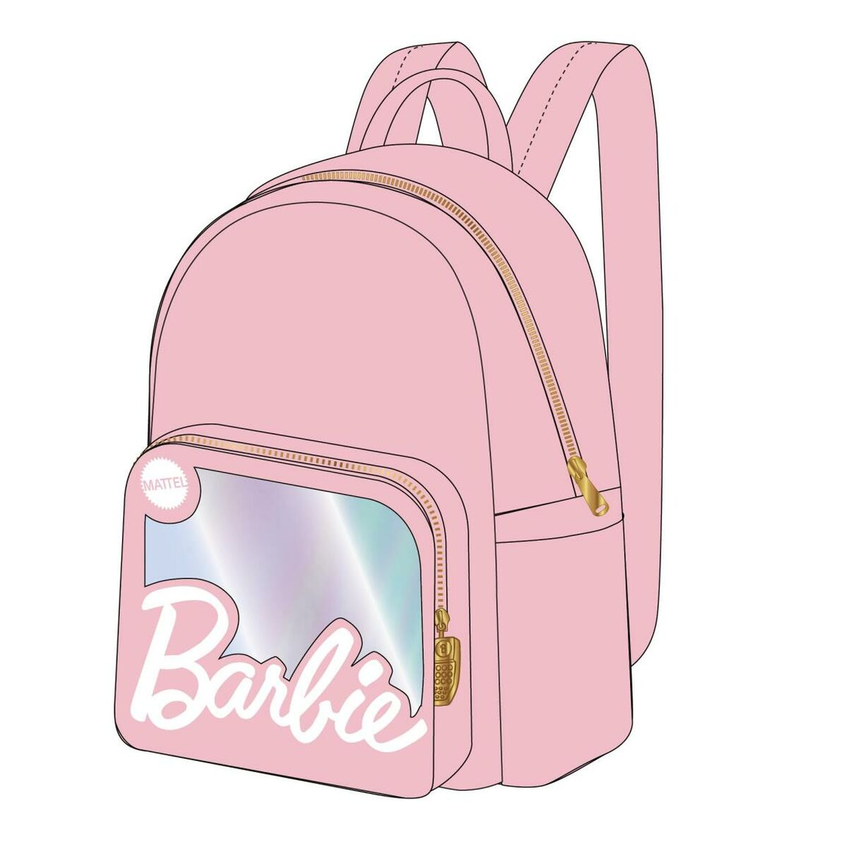 Una mochila Barbie rosa con bolsillo transparente y cremallera dorada.