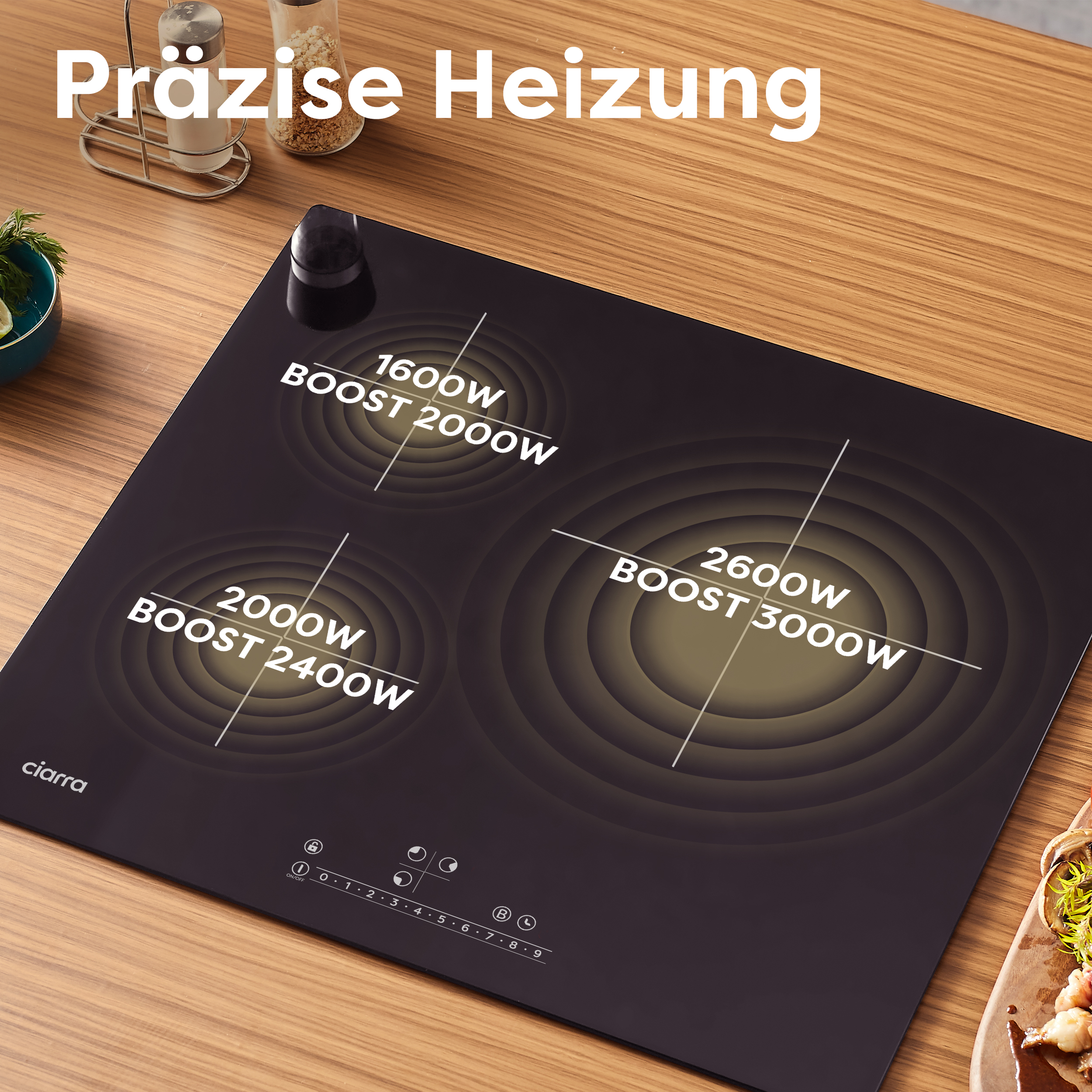 Gros plan sur une table de cuisson à induction noire avec réglages de puissance.
