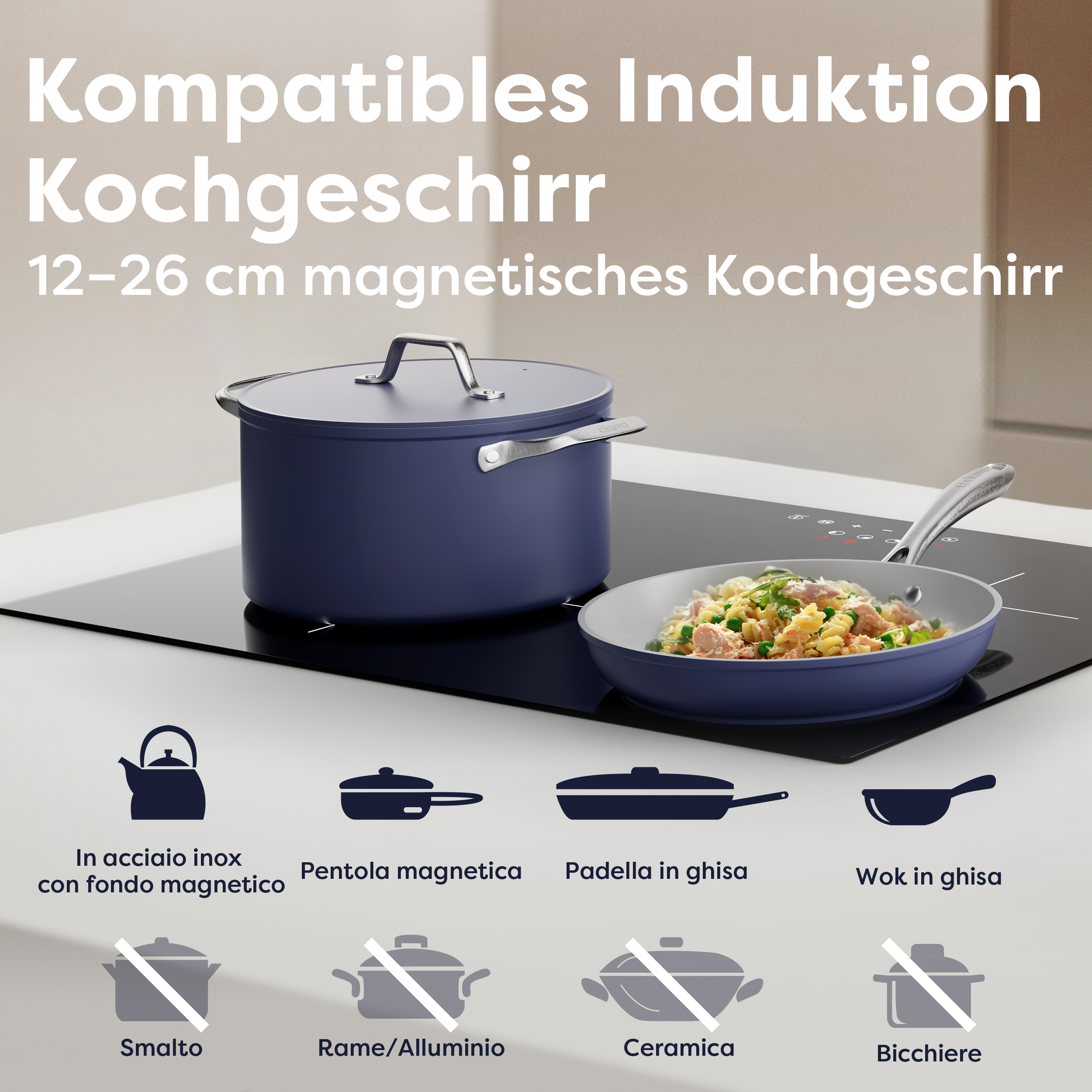 Blaues Kochgeschirr-Set auf Induktionskochfeld mit deutschem Text. Enthält Töpfe, Pfannen und Symbole.