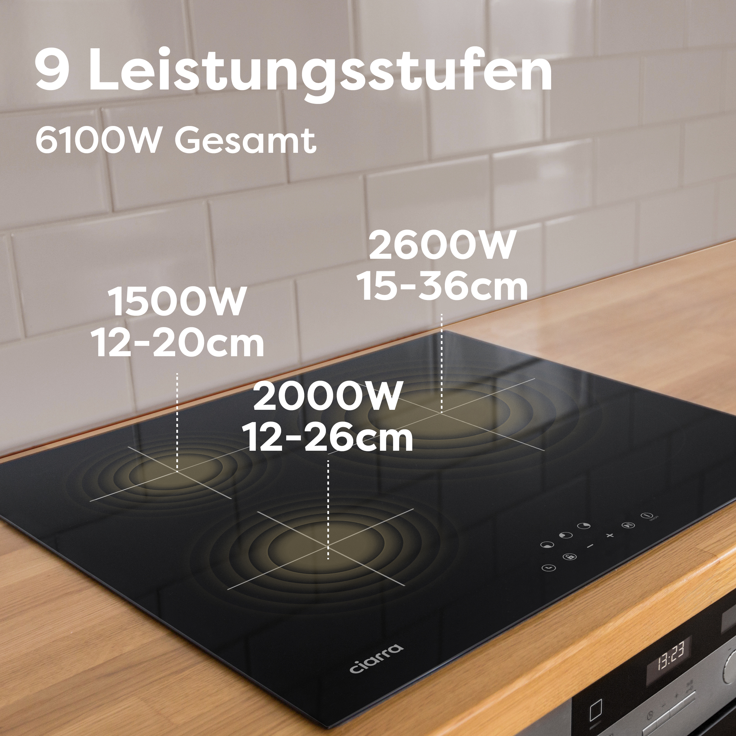 Schwarzes Induktionskochfeld mit drei Kochzonen, Text auf Deutsch.