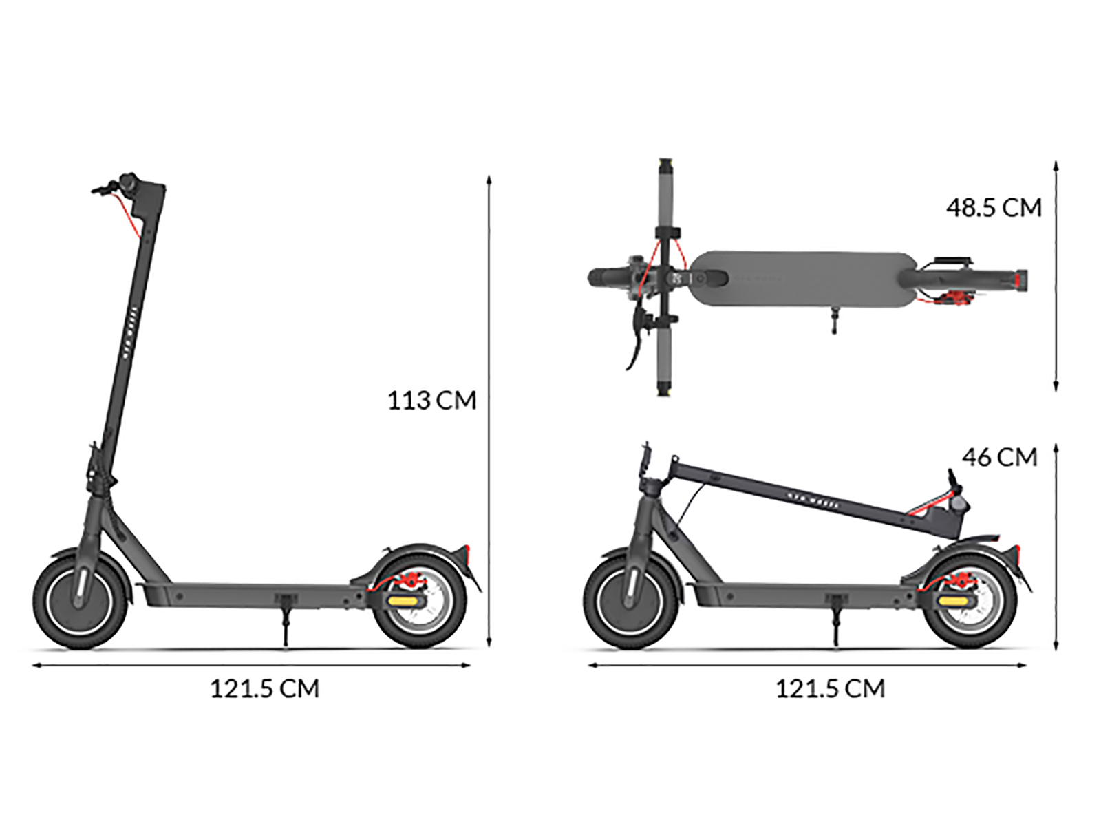 Dwa szare skutery, jeden złożony, z podanymi wymiarami. Złożony skuter ma 46 cm wysokości.