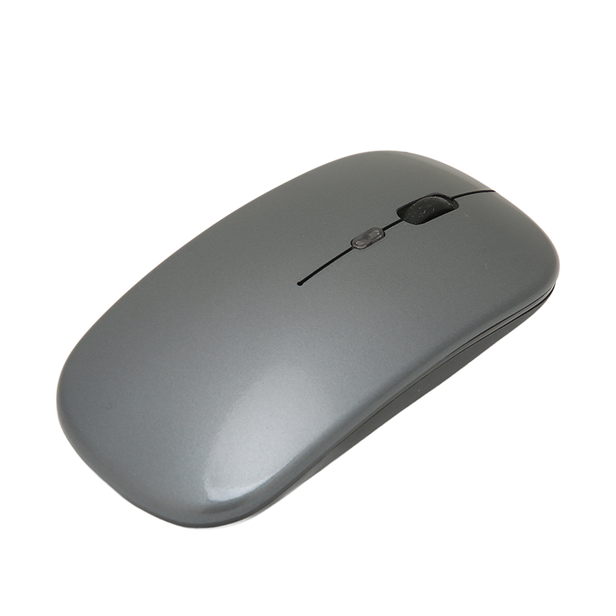 Eine graue kabellose Maus mit Scrollrad und schlankem Design, vor weißem Hintergrund.