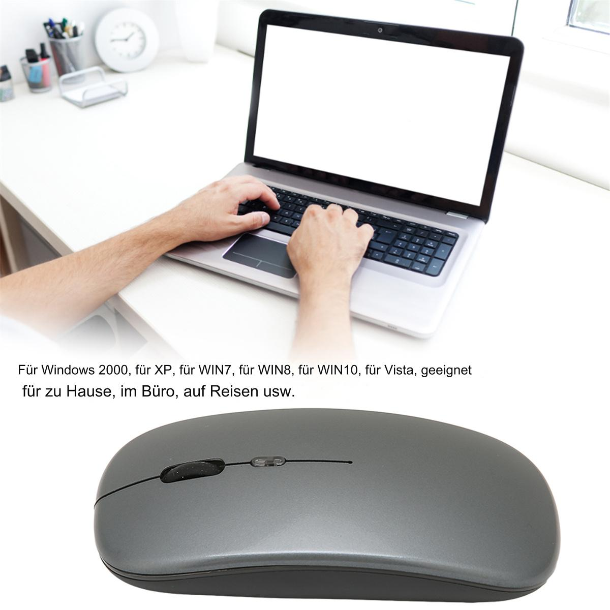 Person nutzt Laptop und graue Maus auf weißem Tisch. Text unten.