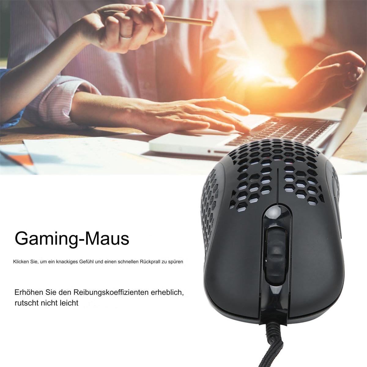 Schwarze Gaming-Maus auf einem Schreibtisch mit Laptop. Text enthält 'Gaming-Maus'.