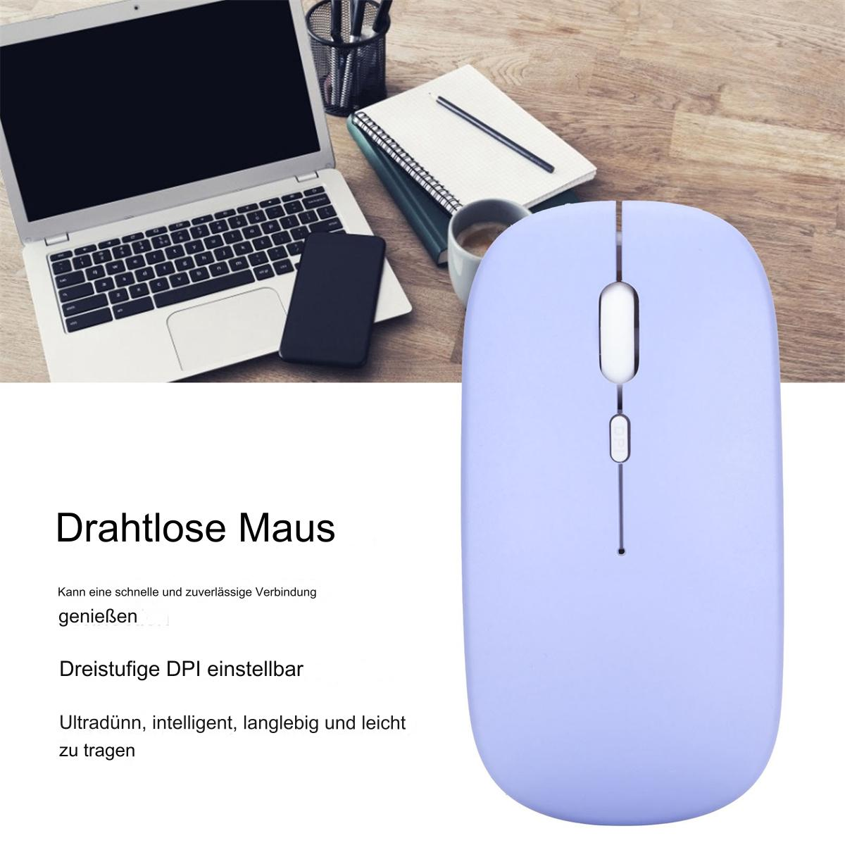 Eine hellviolette kabellose Maus in der Nähe eines Laptops und eines schwarzen Smartphones. Text: Kabellose Maus.