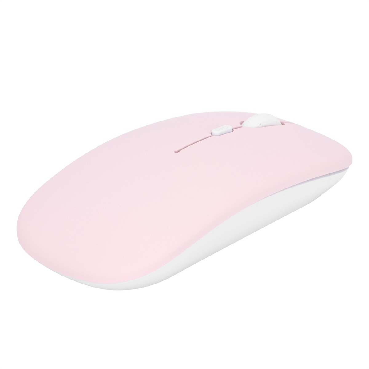 Rosa kabellose Maus mit weißer Unterseite, schlichtes Design.