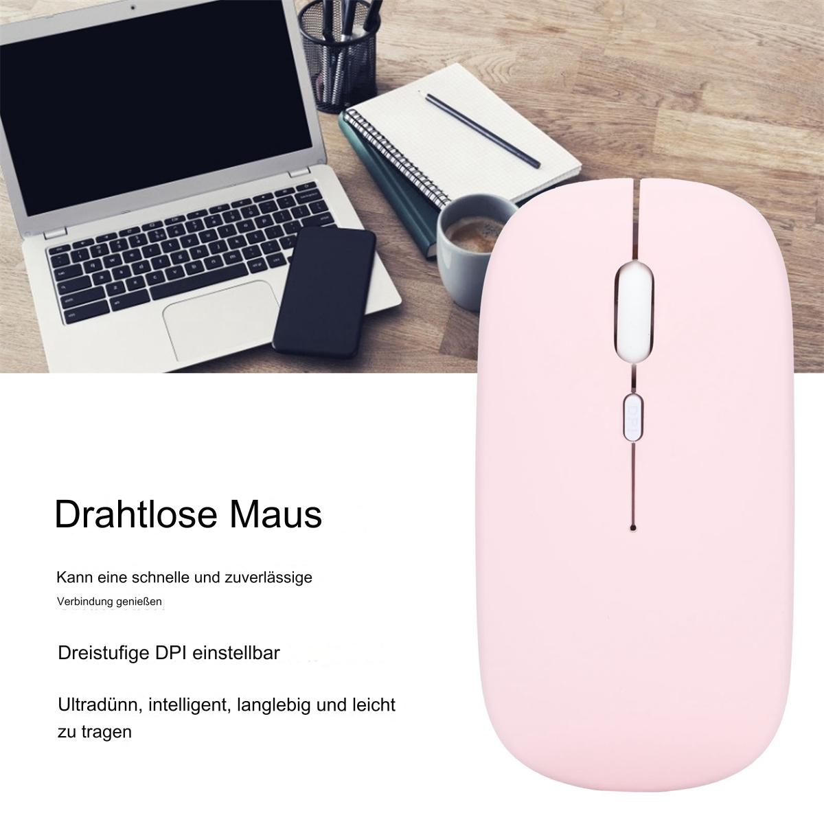 Rosa kabellose Maus, Laptop, Telefon und Notizbuch auf einem Holztisch, Text lautet 'Kabellose Maus'.