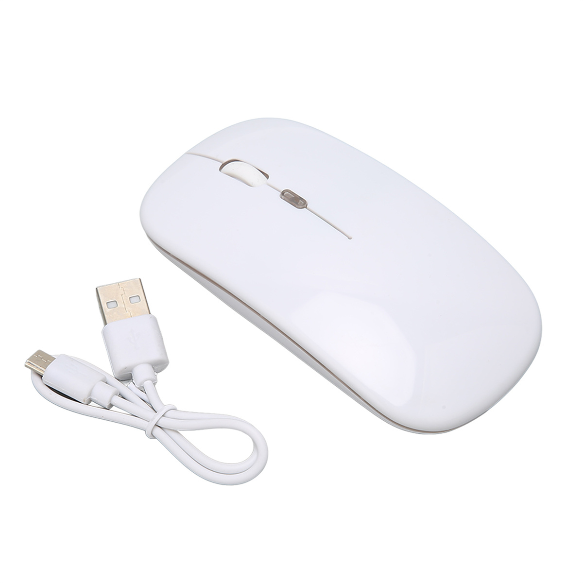 Weiße kabellose Maus mit USB-Kabel. Draufsicht.