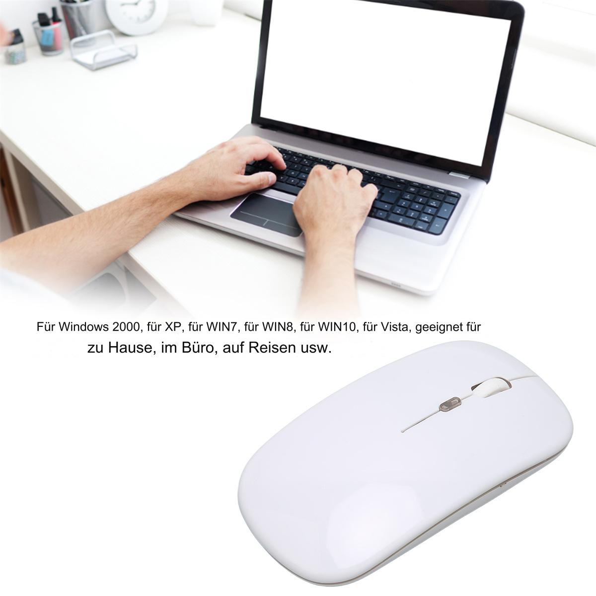 Person tippt auf Laptop. Weiße Maus auf dem Tisch. Text: Für Windows und Büro.
