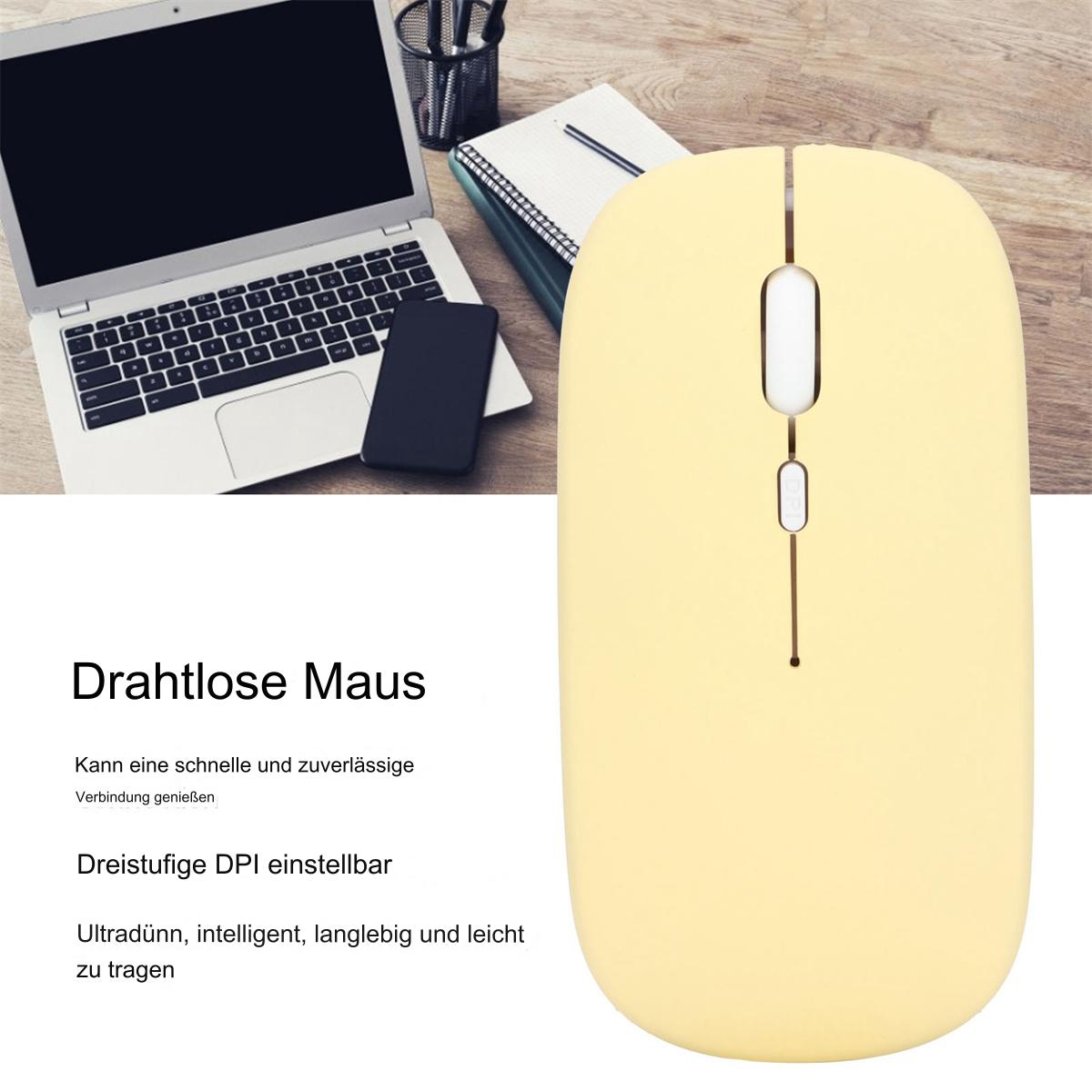 Gelbe kabellose Maus auf einem Holztisch. Ein Laptop und ein Telefon befinden sich im Hintergrund.