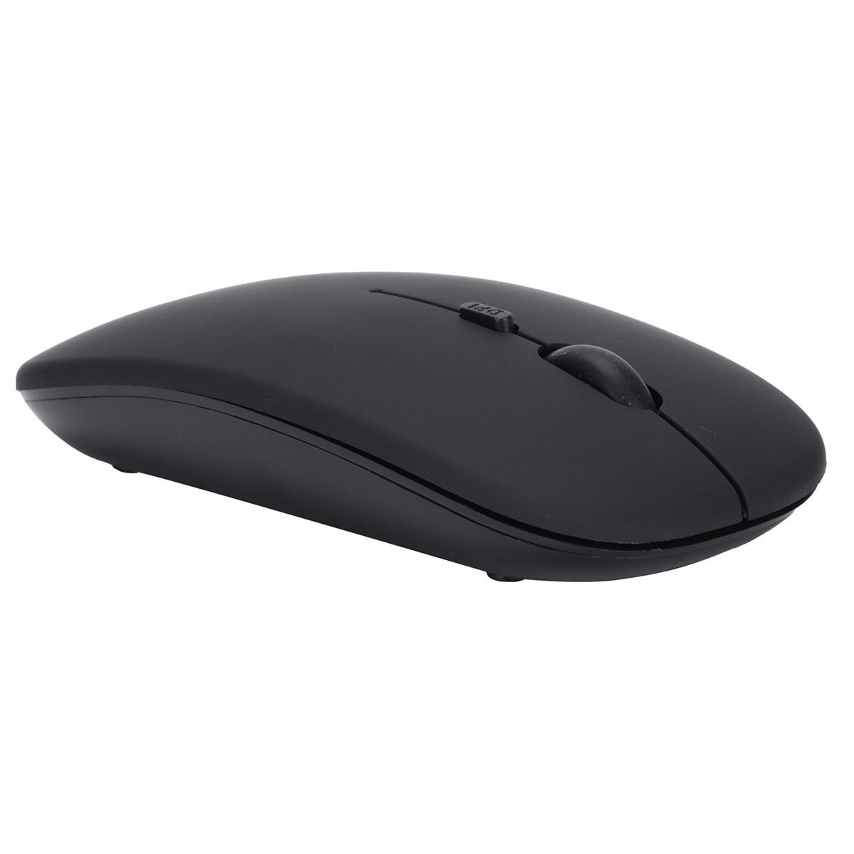 Schwarze drahtlose Maus mit Scrollrad, auf weißem Hintergrund.
